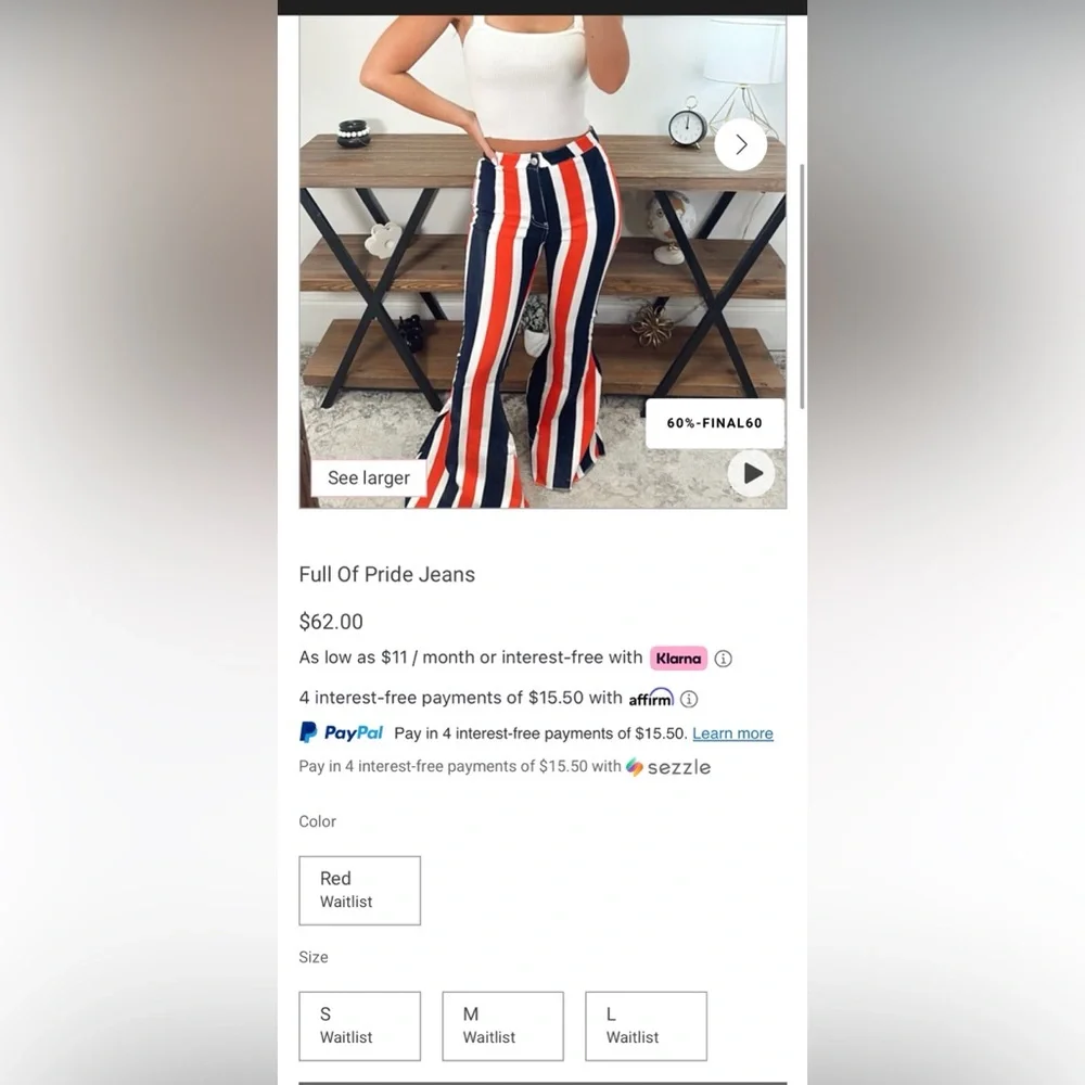Peach Love NWOT Full of Pride Flare Pants in Red, White, and Blue size small - Picture 14 of 15
